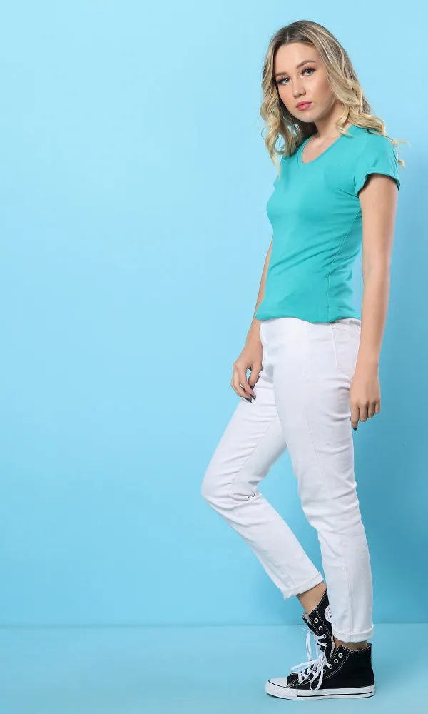 28529 Dark Aquamarine V-Neck Slip On Basic T-Shirt