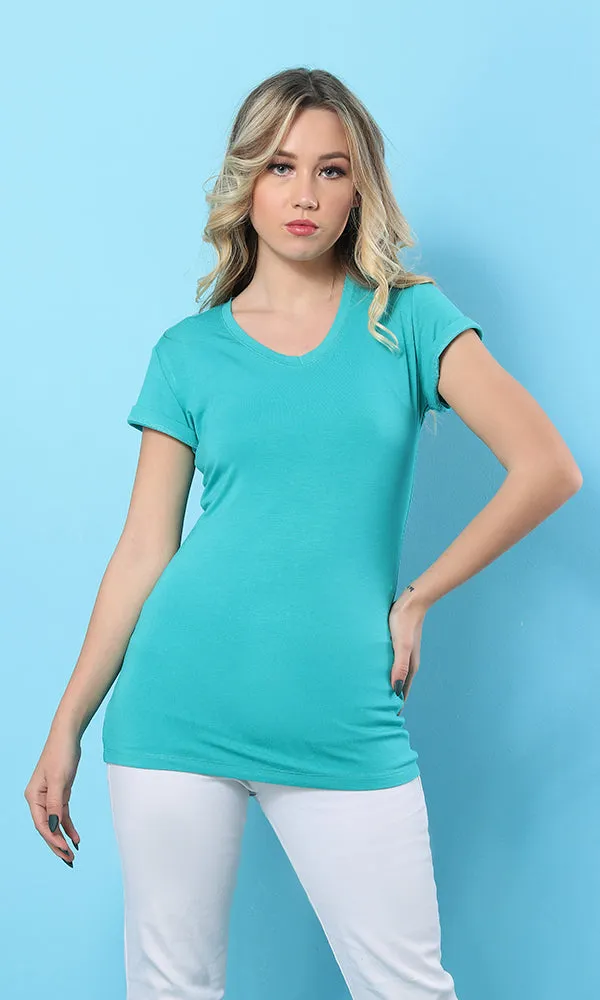 28529 Dark Aquamarine V-Neck Slip On Basic T-Shirt