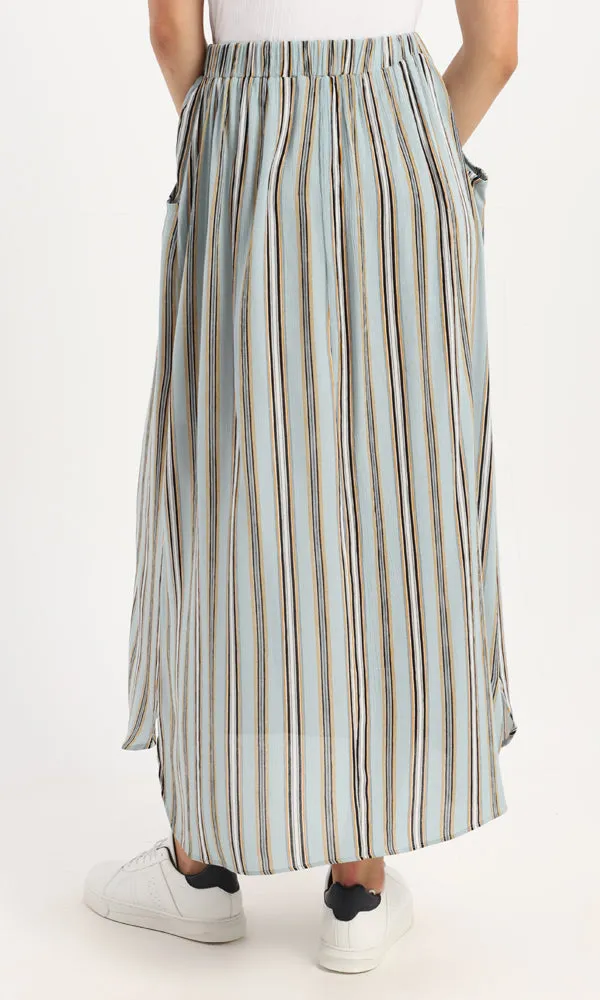 54191 Balanced Striped Midi Skirt With Side Pockets - Mint & Orange