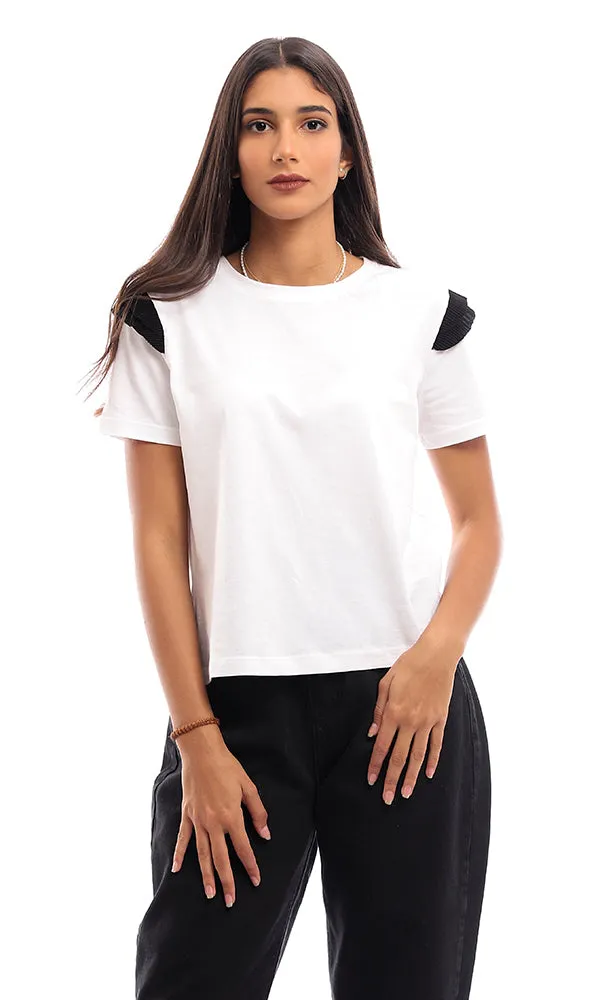 94740 Plain Round T-Shirt With Ruffled Accent - White