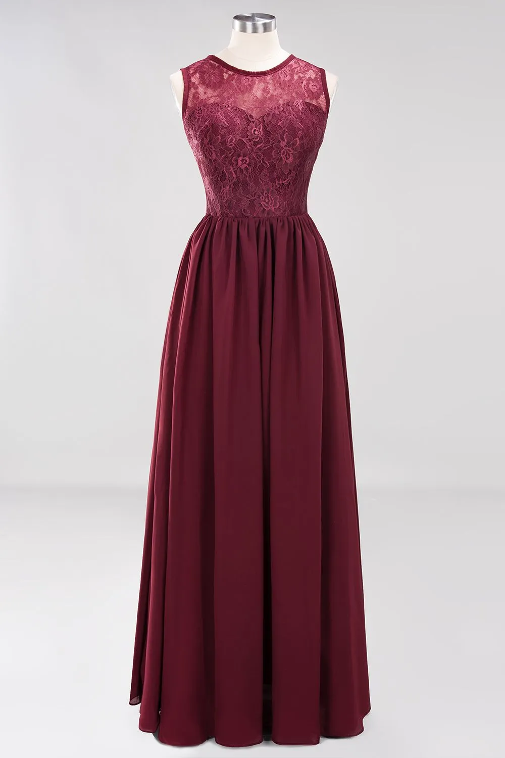 A-line Chiffon Lace Jewel Sleeveless Ruffles Long Bridesmaid Dresses with Appliques