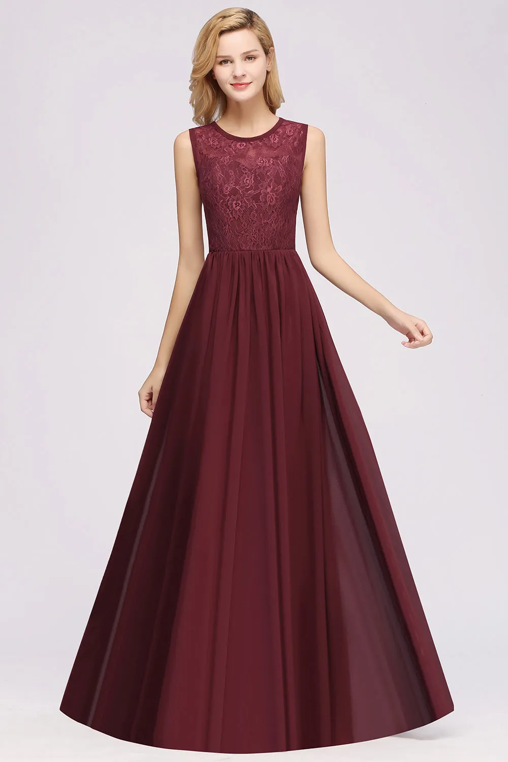 A-line Chiffon Lace Jewel Sleeveless Ruffles Long Bridesmaid Dresses with Appliques