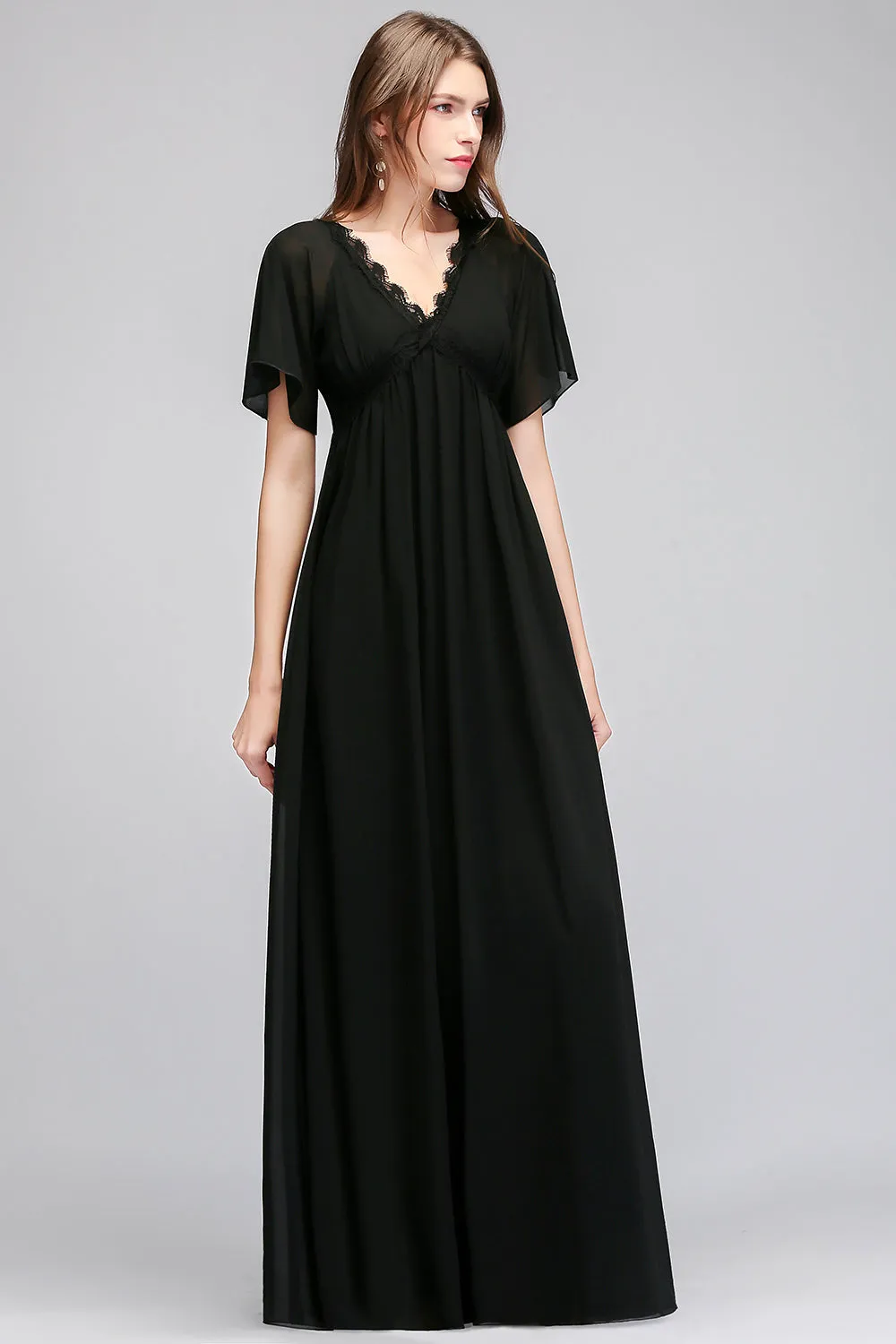 A-line Chiffon V-Neck Long Backless Bridesmaid Dresses with Sleeves