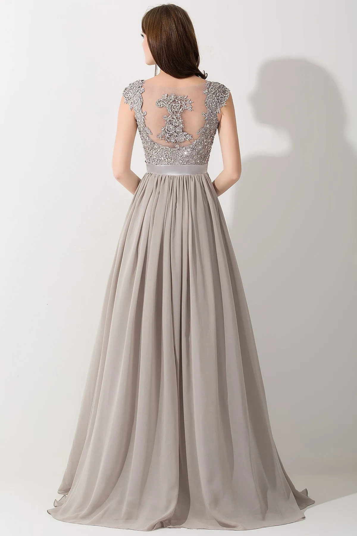 A-line Chiffon V-Neck Sleeveless Long Bridesmaid Dress with Appliques