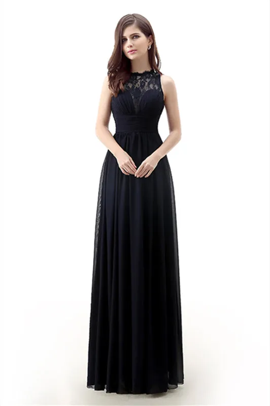 A Line Sleeveless Lace Chiffon Long Black Prom Dresses