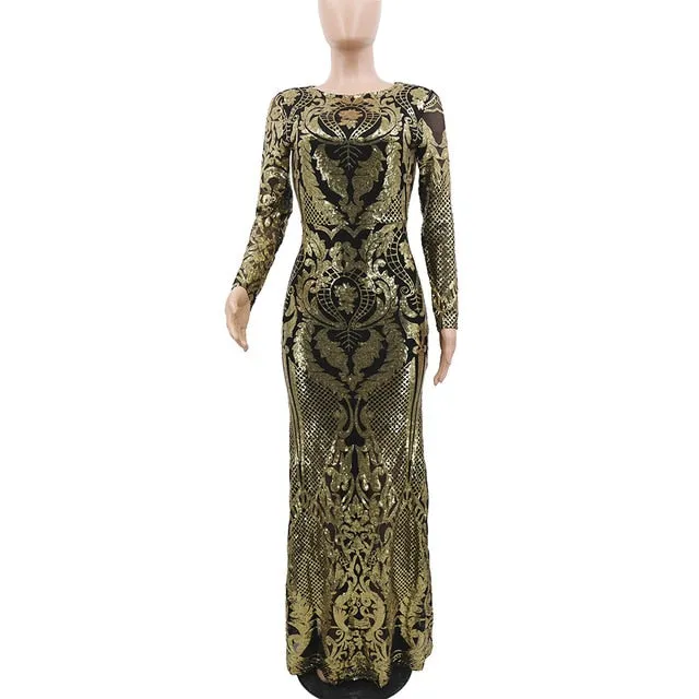 African Ladies Sequins Party Dress Long Sleeve Luxury Golden Glitter Sexy Mesh Bodycon Women Evening Dinner