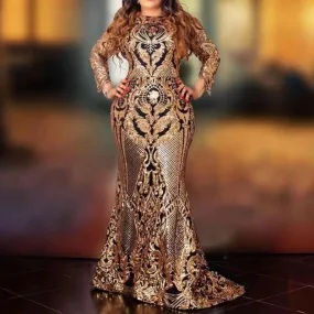 African Ladies Sequins Party Dress Long Sleeve Luxury Golden Glitter Sexy Mesh Bodycon Women Evening Dinner