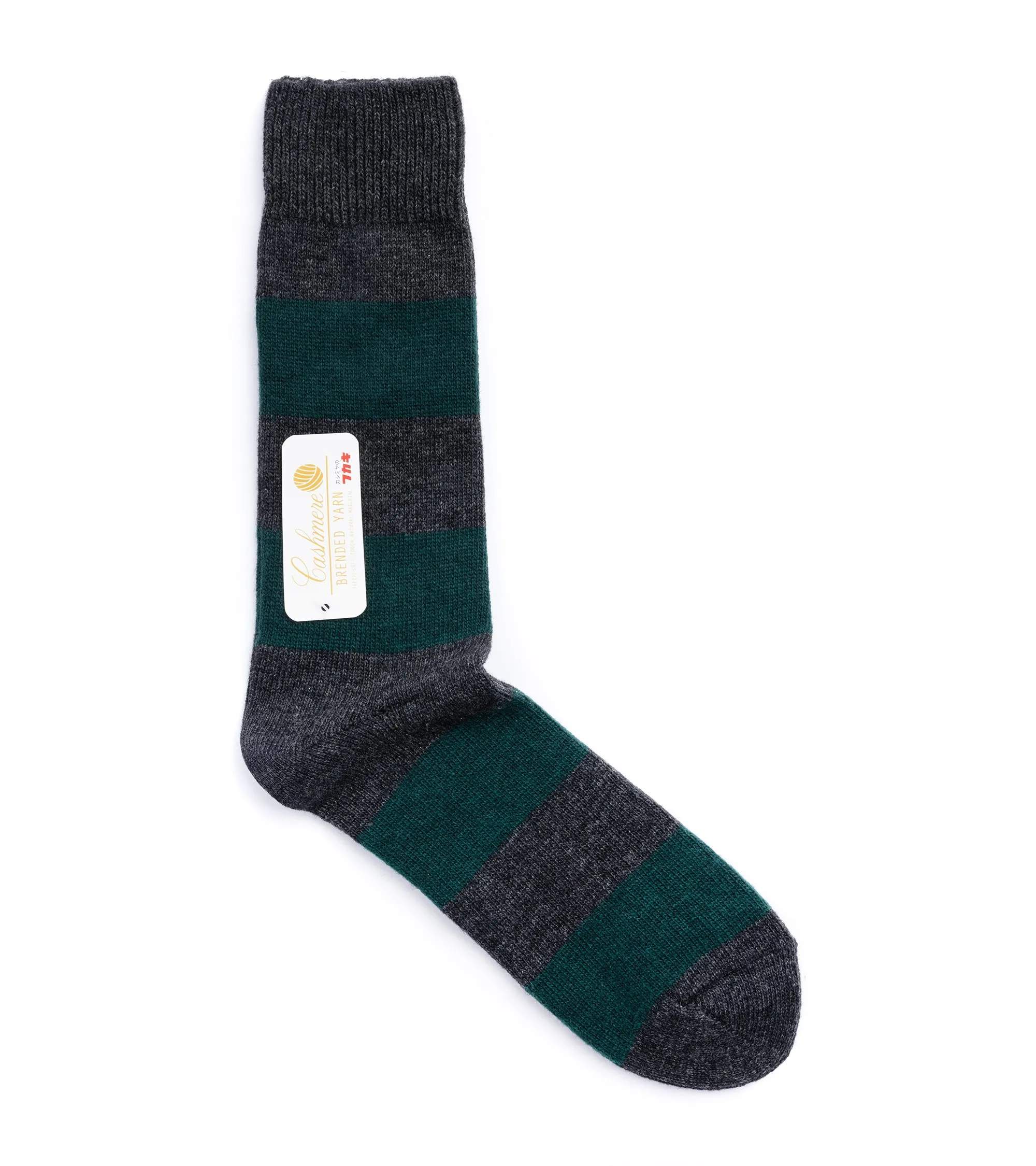 Anonymous Ism Wool Cashmere Striped Crew Socks: Grey/Green