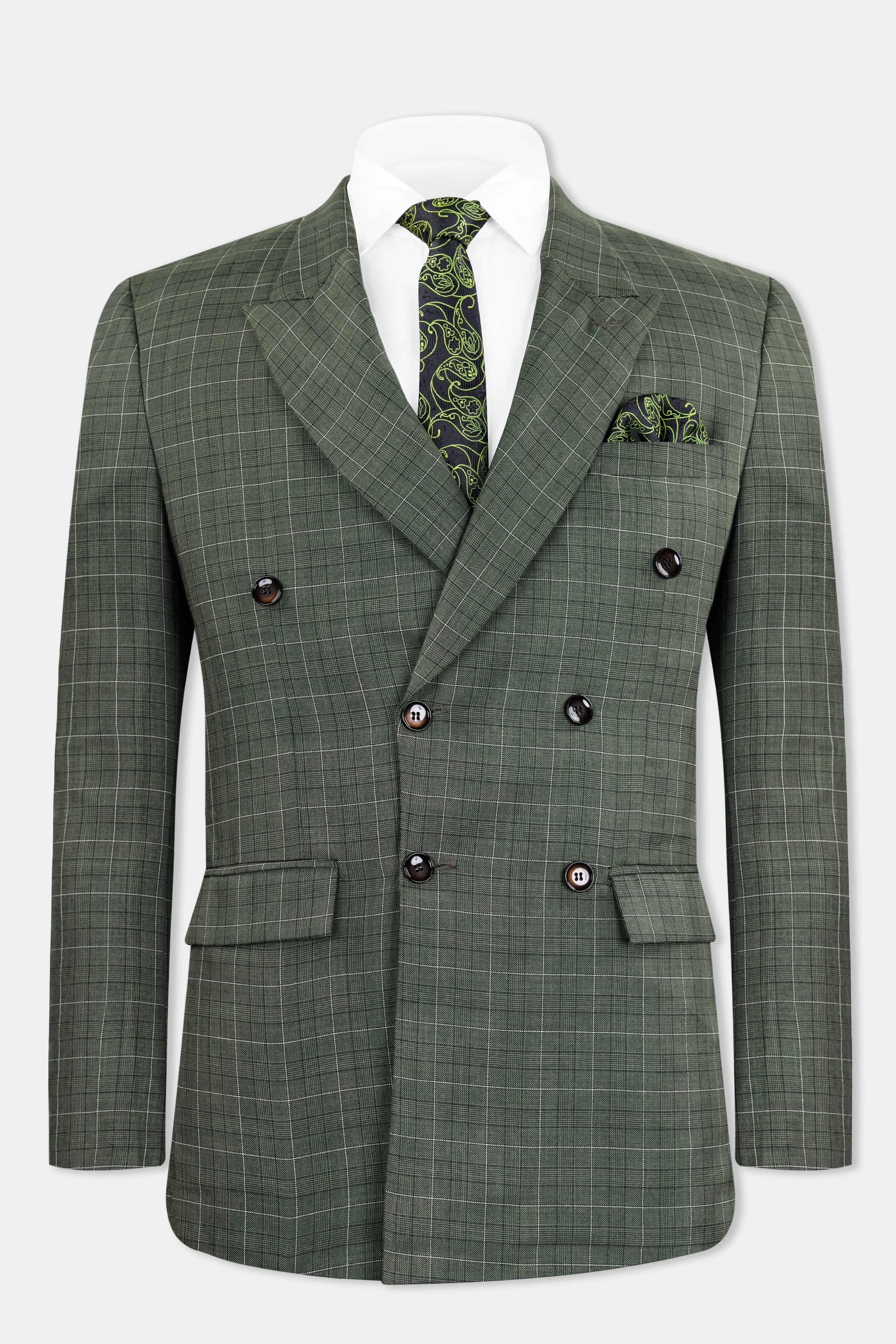 Artichoke Green Checkered Wool Rich Double Breasted Blazer