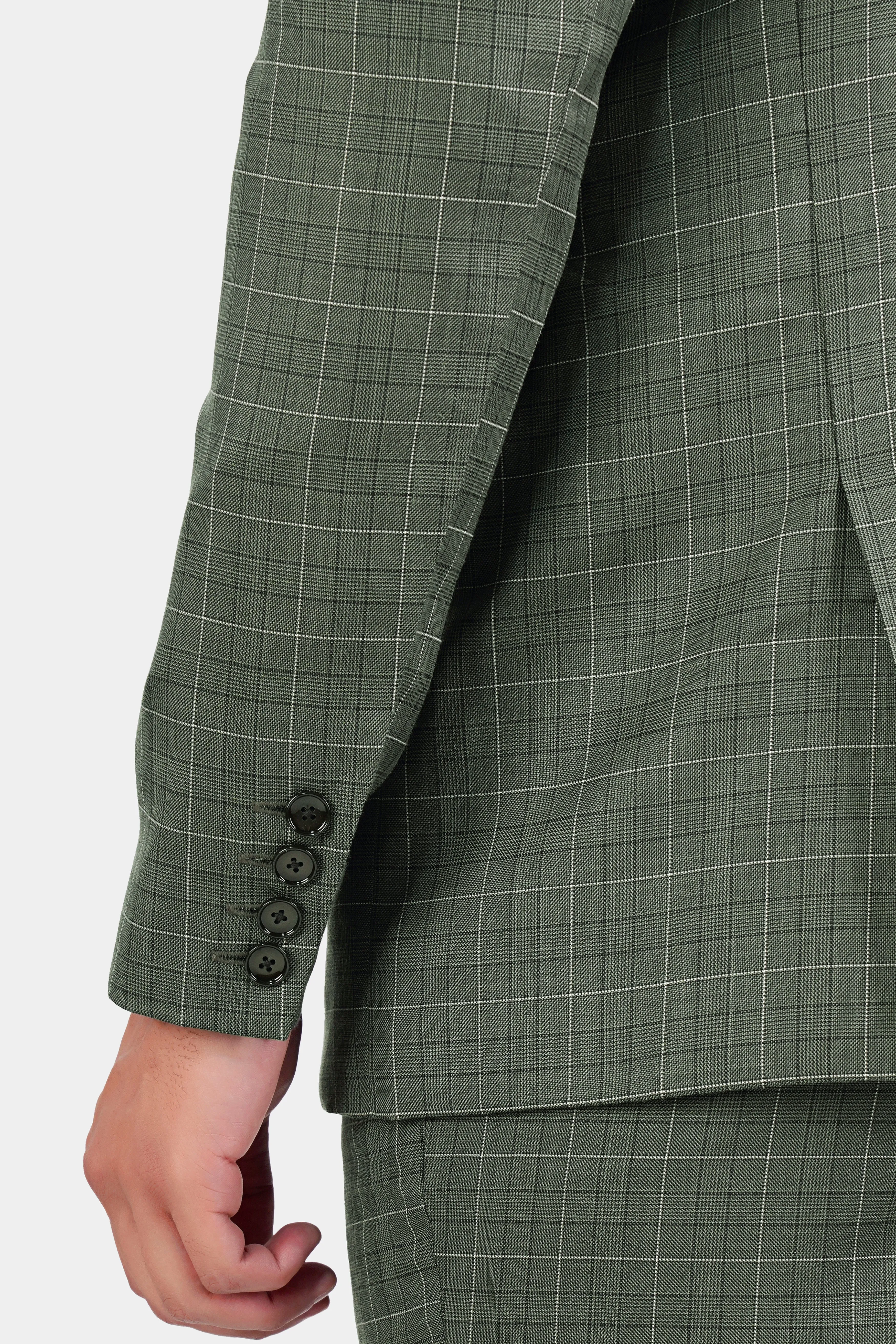 Artichoke Green Checkered Wool Rich Double Breasted Blazer