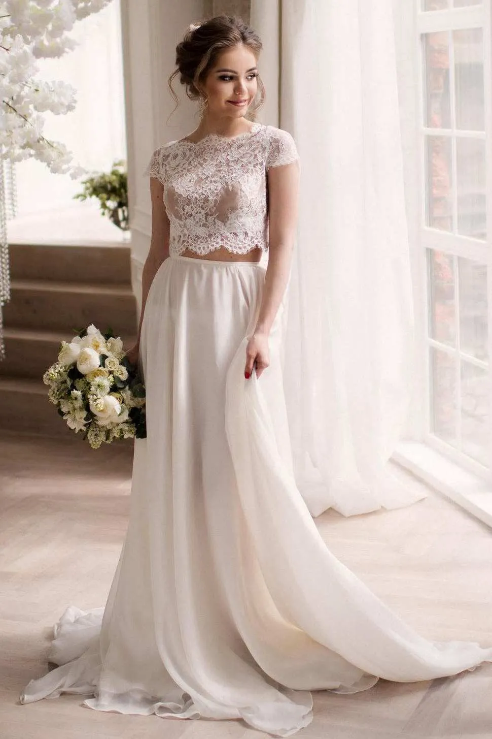 Bateau Short Sleeve Two-Piece Chiffon Wedding Dress With Lace Top-715217