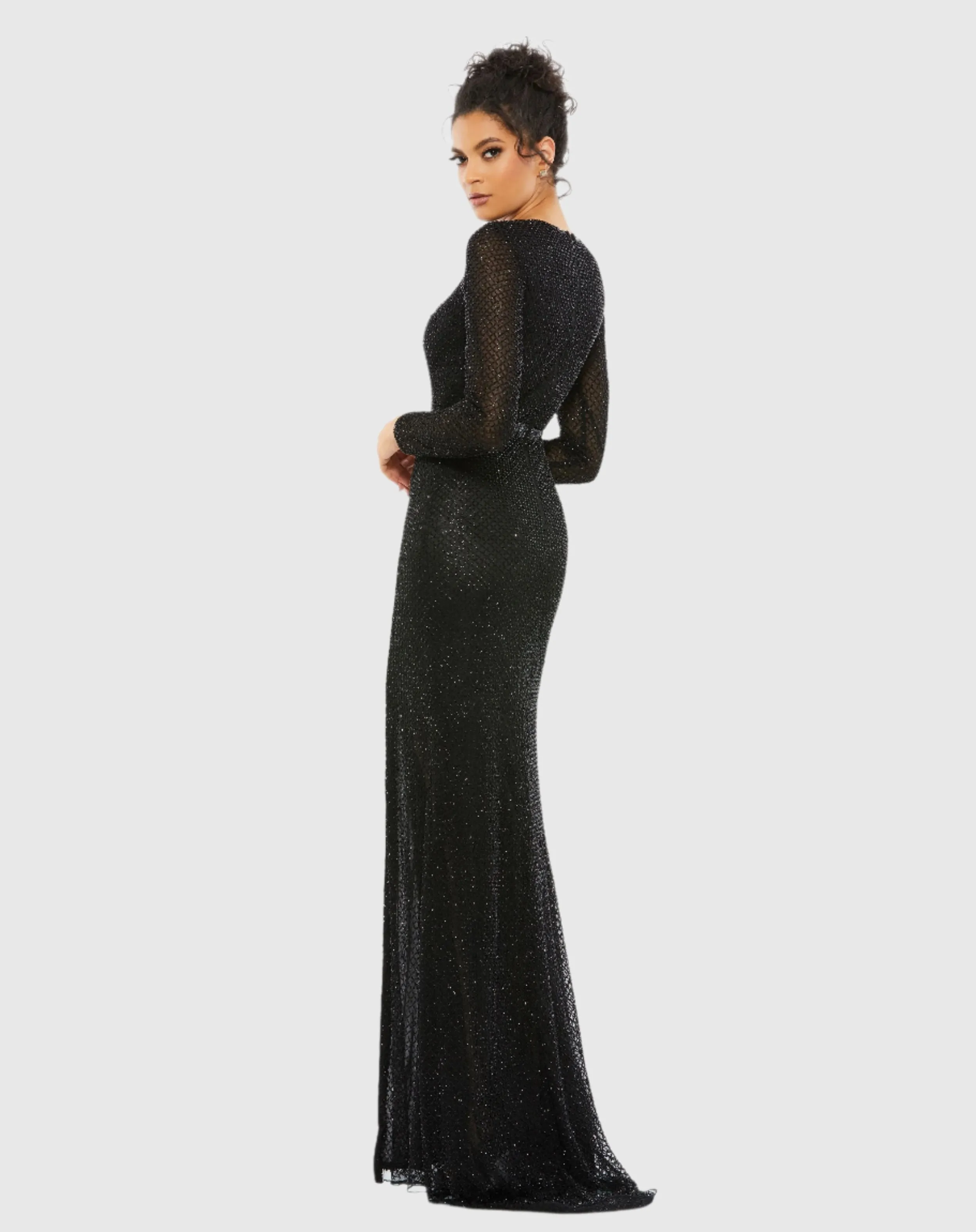 Beaded High Neck Long Sleeve Gown With Detailed Belt