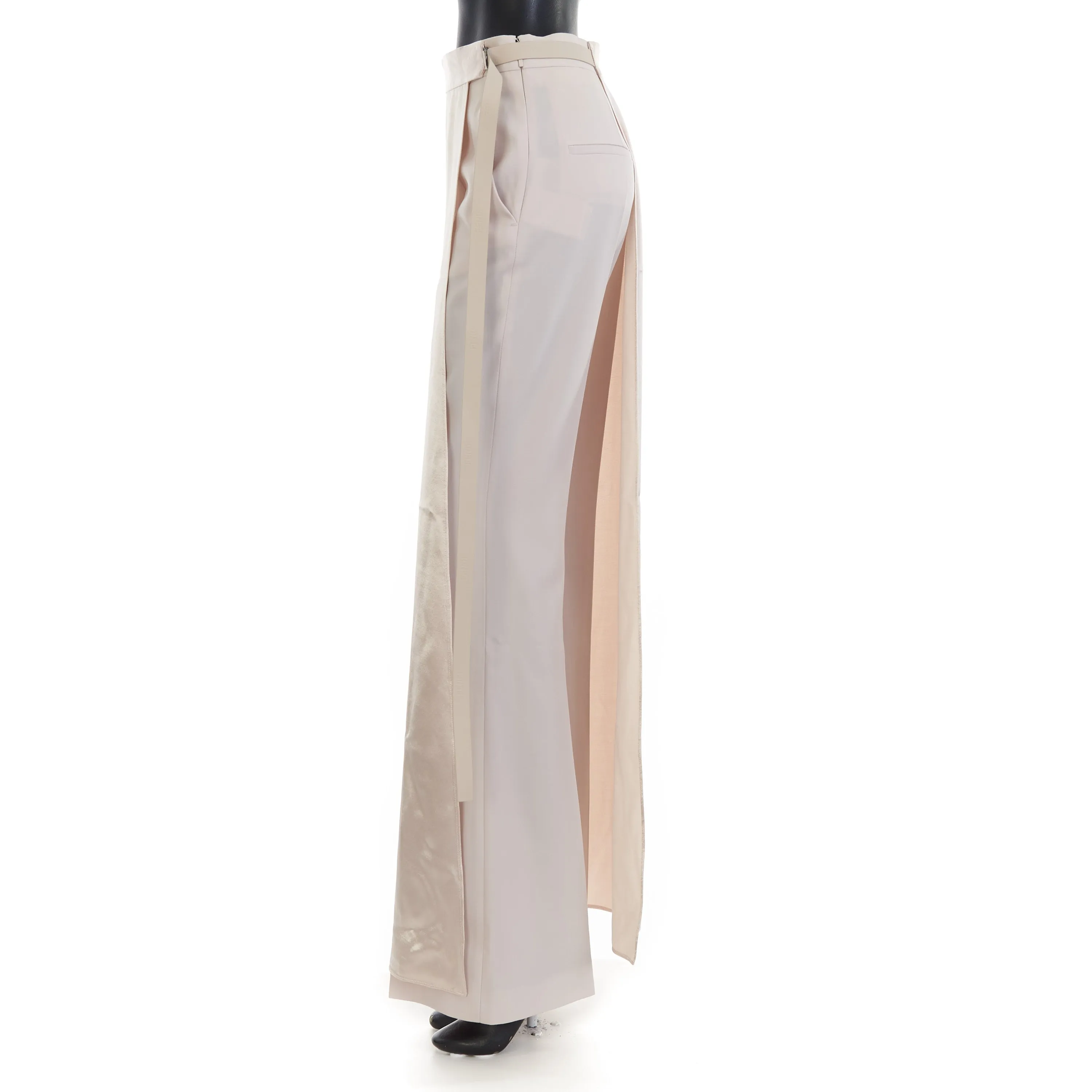 Beige Satin Trousers - Satin Panel, Asymmetrical Effect