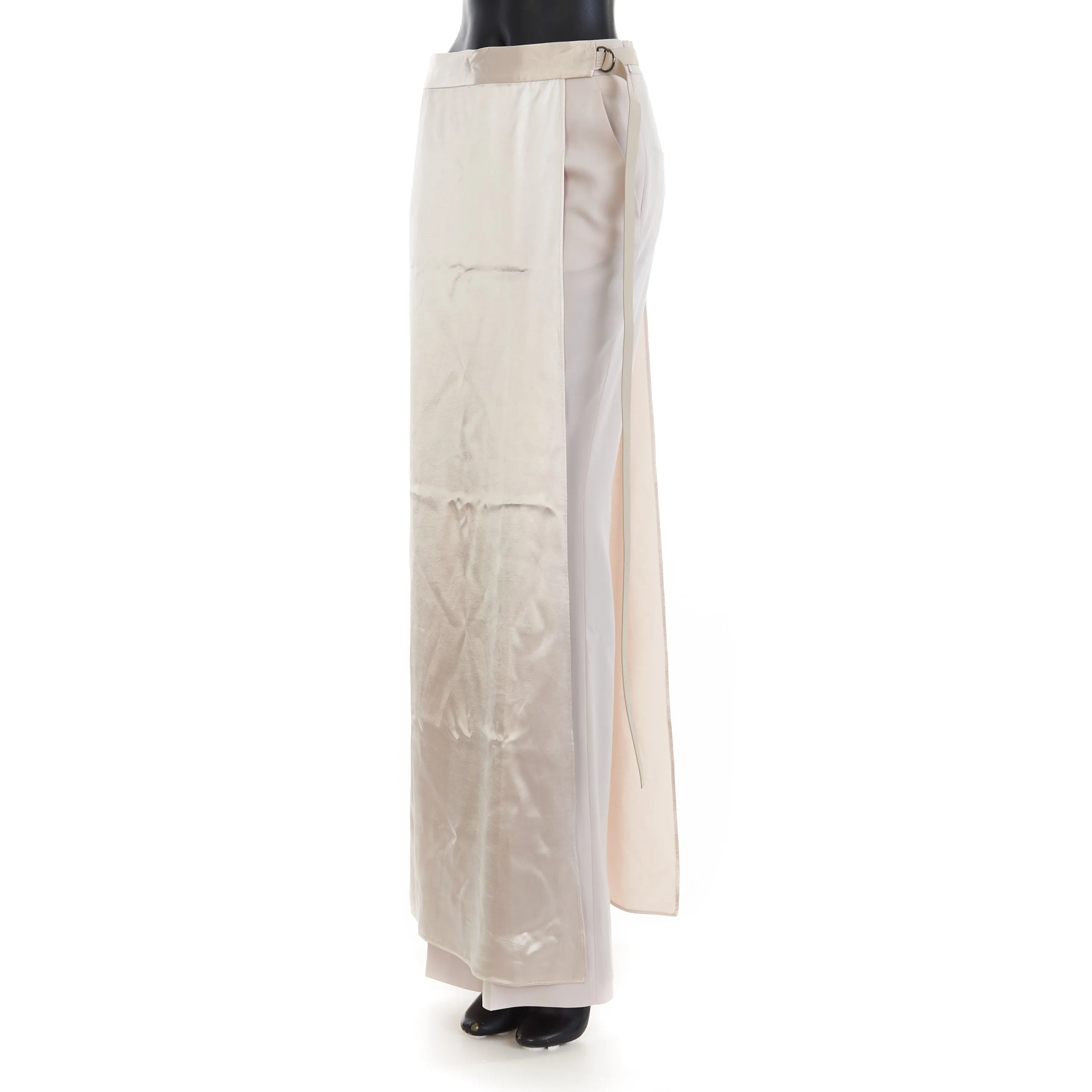 Beige Satin Trousers - Satin Panel, Asymmetrical Effect