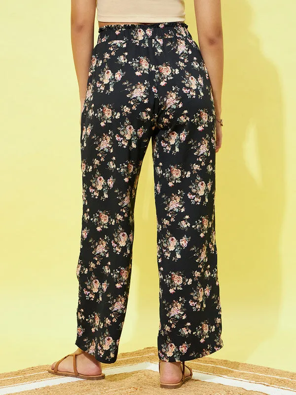 Berrylush Women Black Floral Printed High-Rise Elastic Waist Loose-Fit Slip-On Pleated Regular Trousers