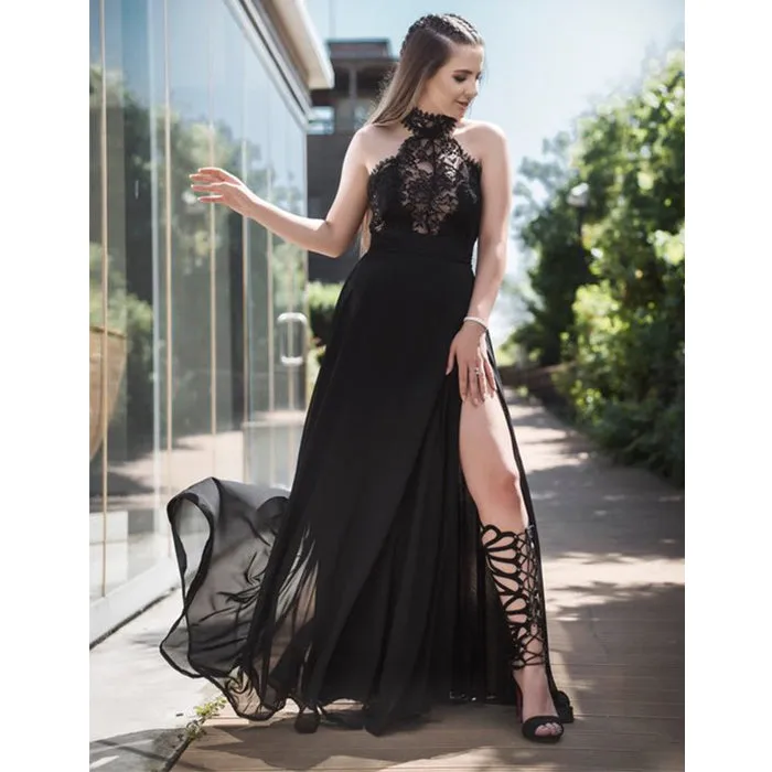 Black Chiffon Lace Halter Side Slit A Line Formal Prom Dresses, SG142