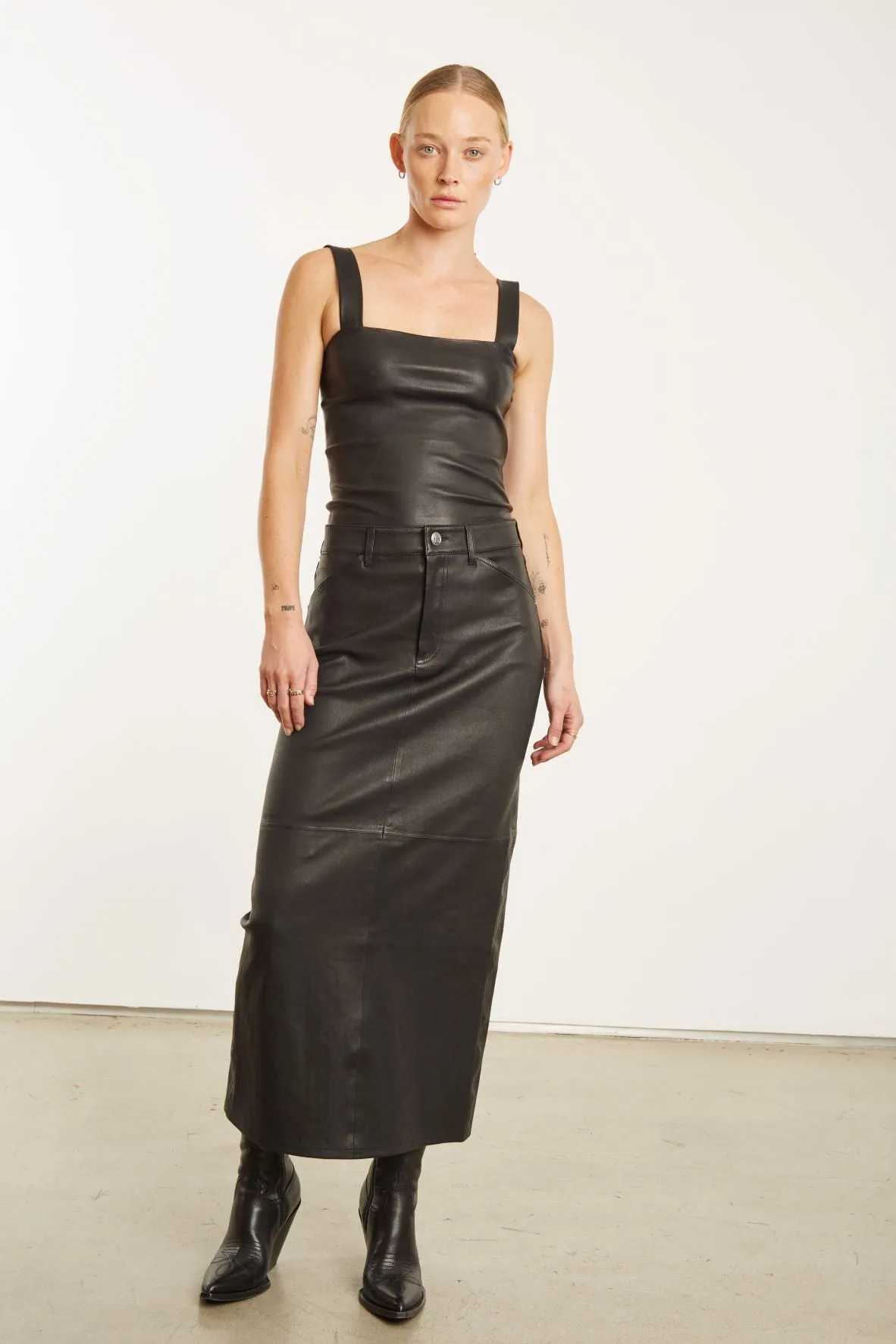 Black Leather 5 Pocket Long Skirt