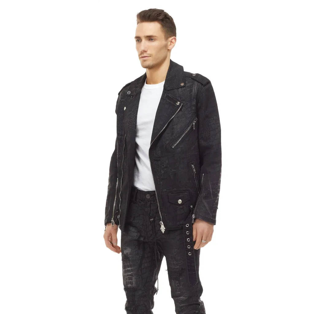 Bleunoir Crocodile Print Jean Biker Jacket - Black