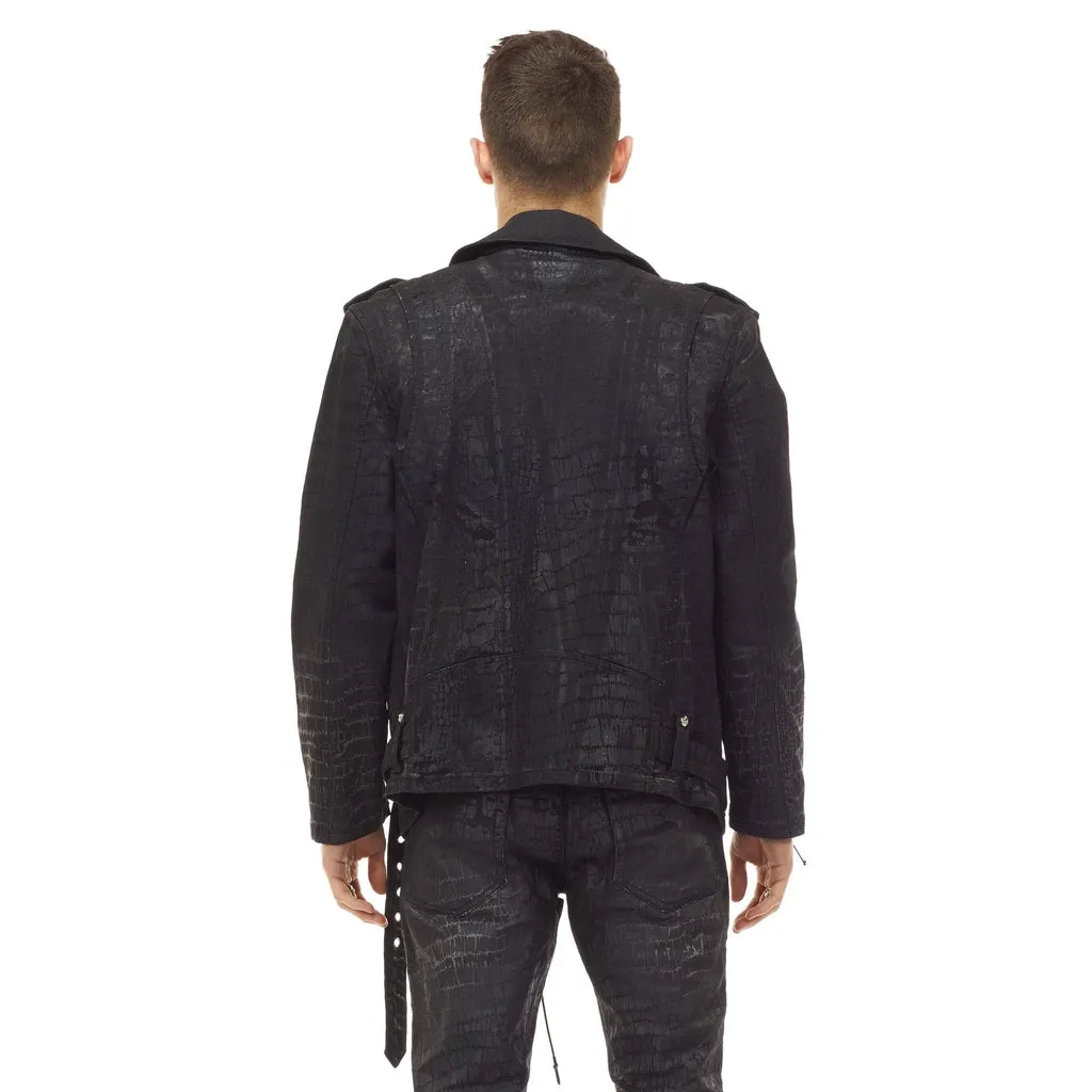 Bleunoir Crocodile Print Jean Biker Jacket - Black