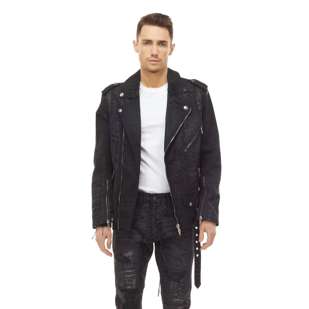 Bleunoir Crocodile Print Jean Biker Jacket - Black