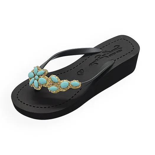 Brooklyn - Turquoise Flower Rhinestone Embellished Mid Wedge Flip Flops