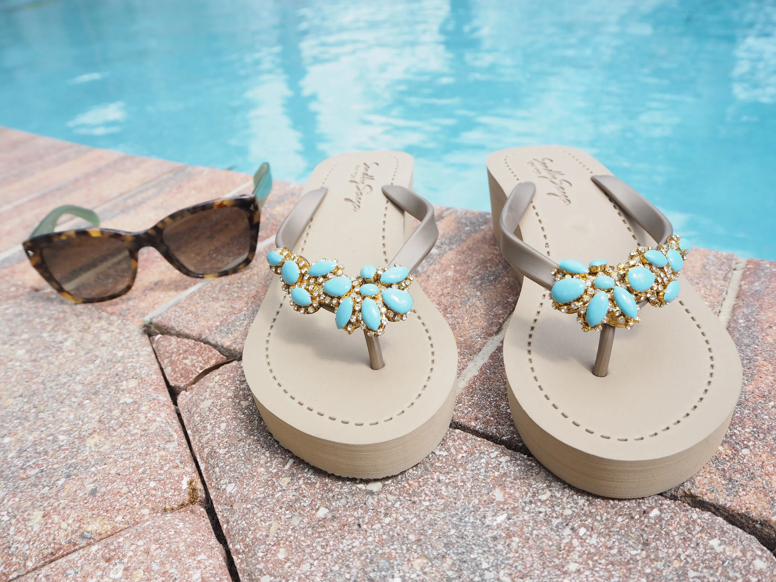 Brooklyn - Turquoise Flower Rhinestone Embellished Mid Wedge Flip Flops