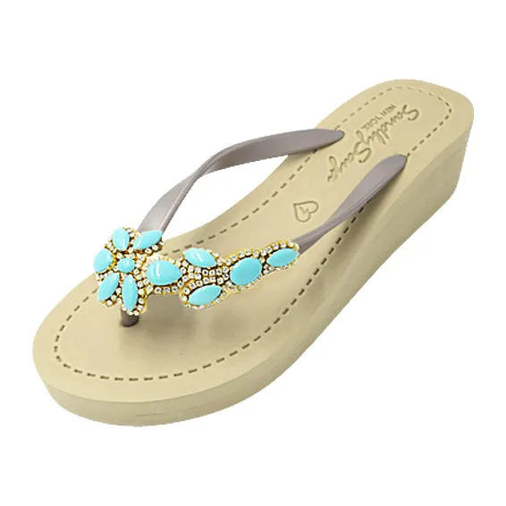 Brooklyn - Turquoise Flower Rhinestone Embellished Mid Wedge Flip Flops