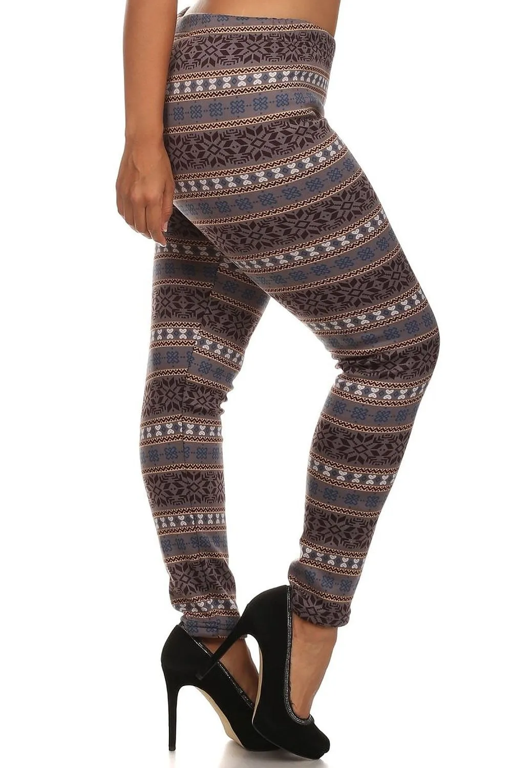 Brown Beige Snowflake Winter Fleece Lined Plus Stretch Leggings