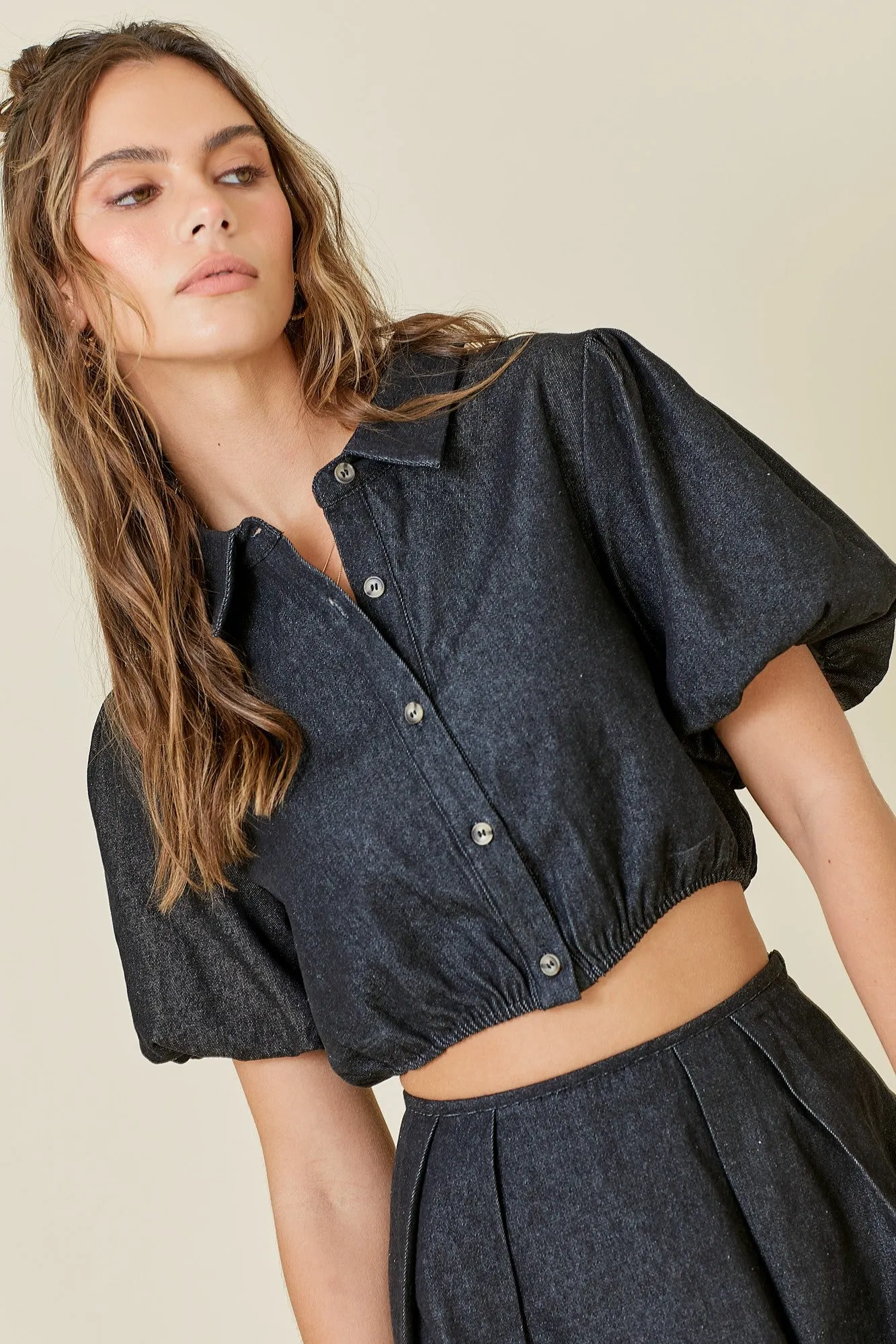 Button Down Puff Sleeve Denim Top