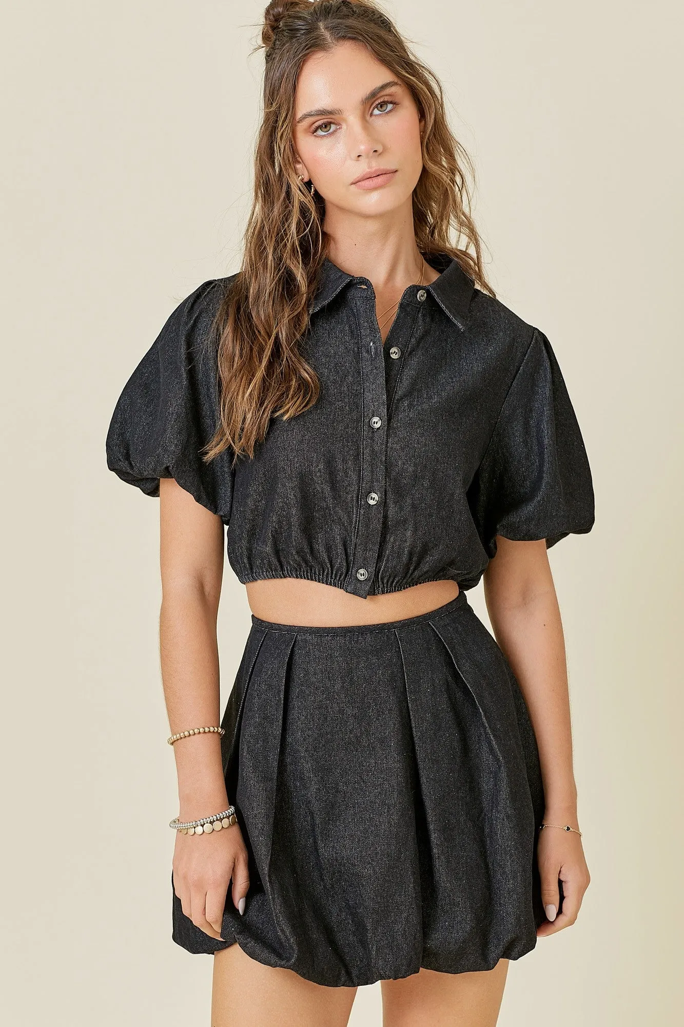 Button Down Puff Sleeve Denim Top