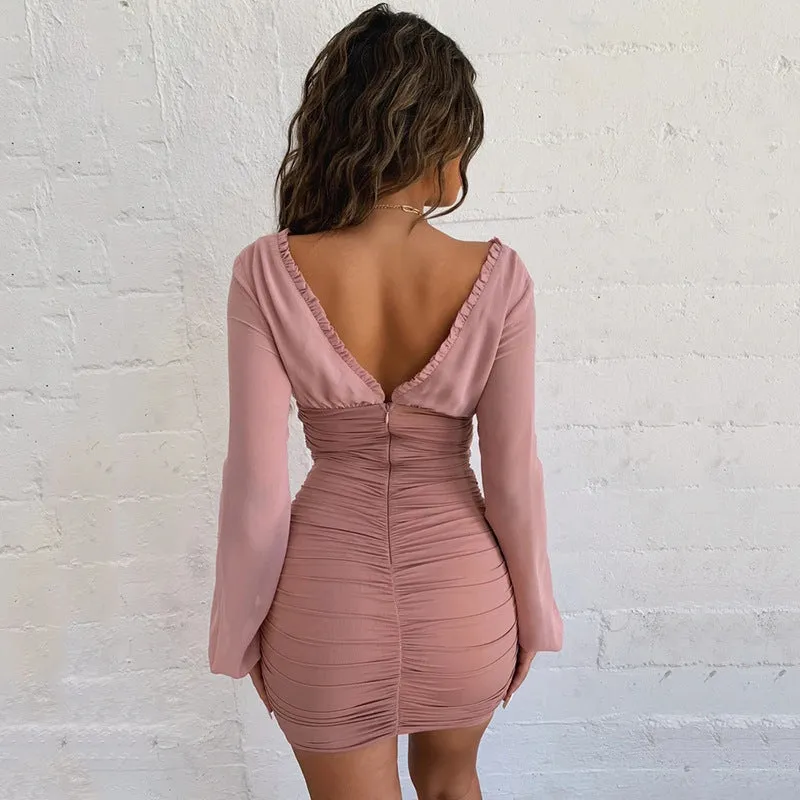 Chiffon Long Sleeve Slim Elastic Bodycon Bandage Mini Dress