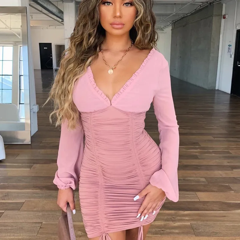 Chiffon Long Sleeve Slim Elastic Bodycon Bandage Mini Dress