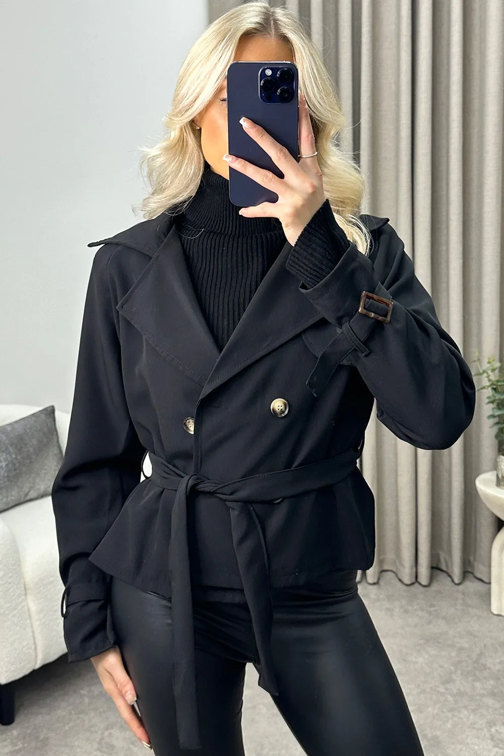 Coraline Black Button Up Belted Trench Coat