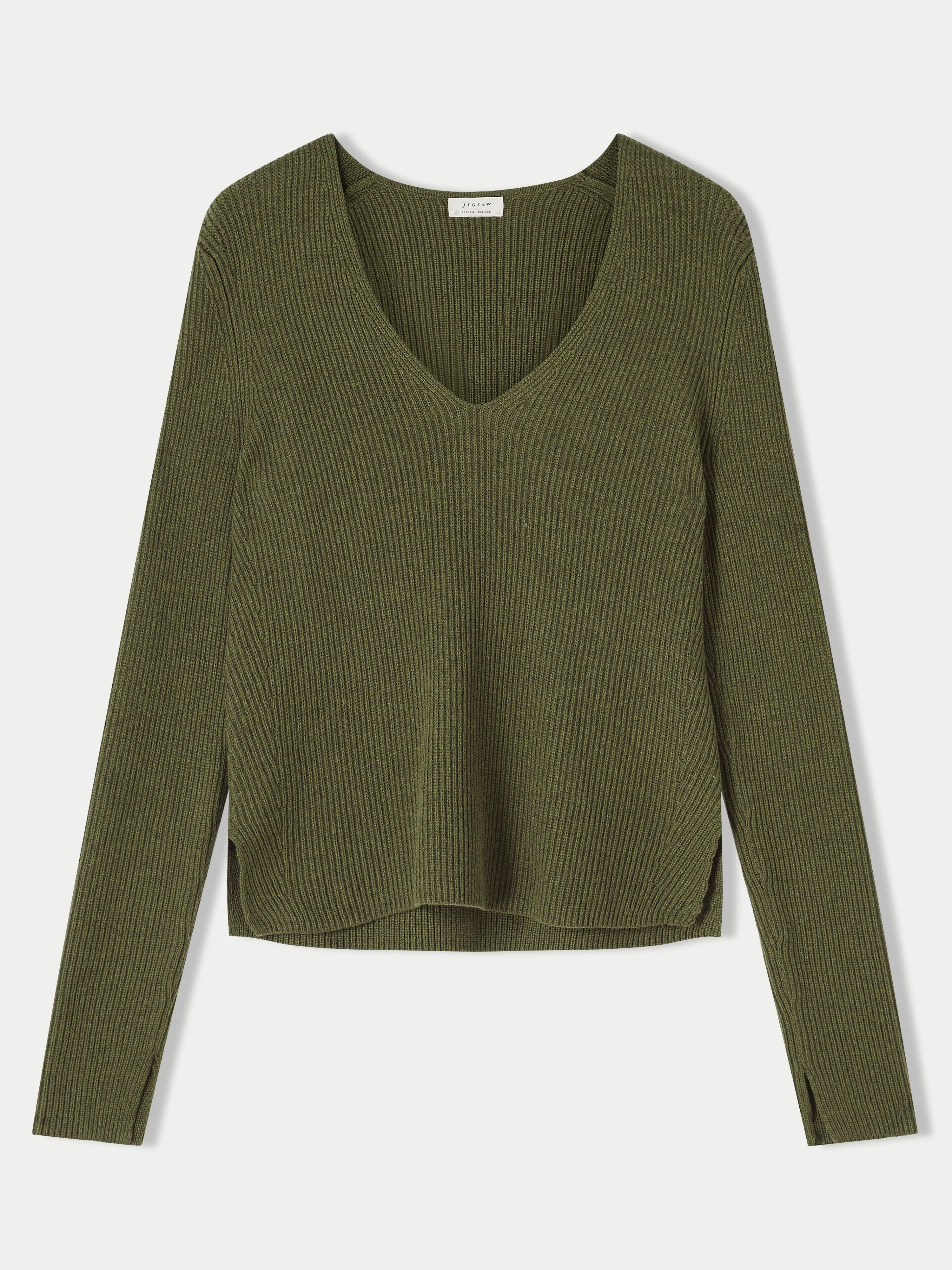 Cotton Blend V Neck Jumper | Green | Green