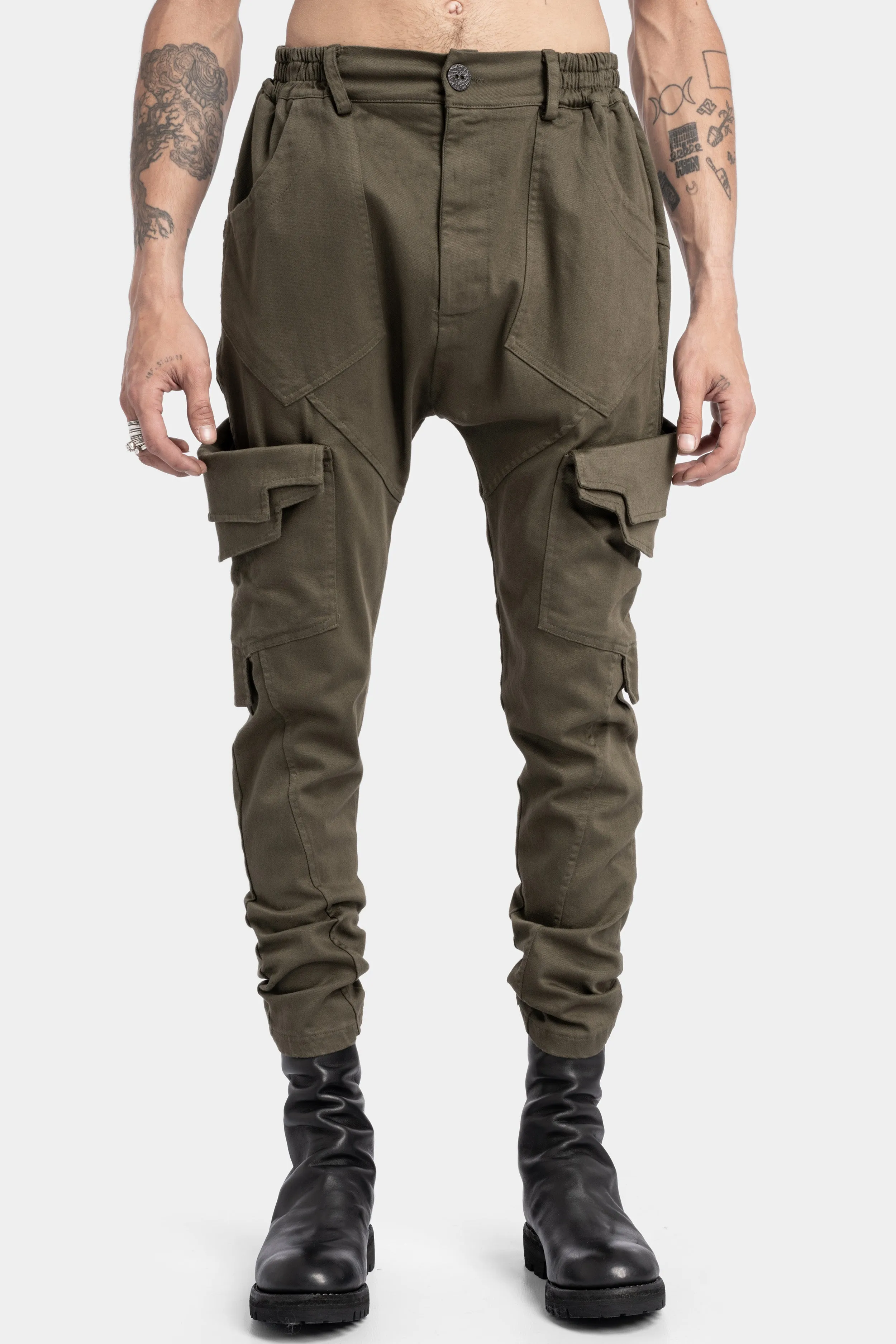 Cotton twill skinny cargo trousers, Military Green