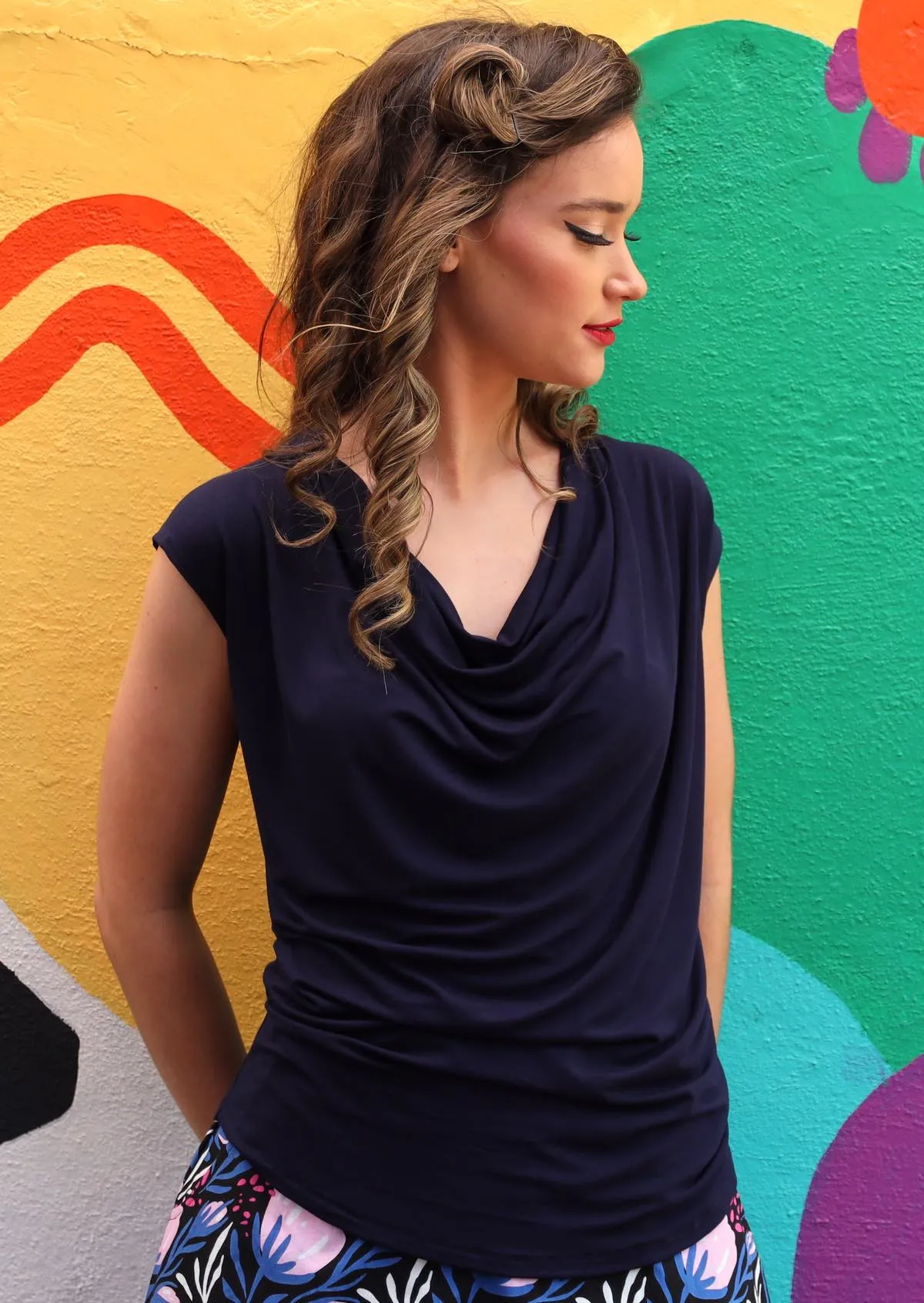 Cowl Neck Top Navy Blue