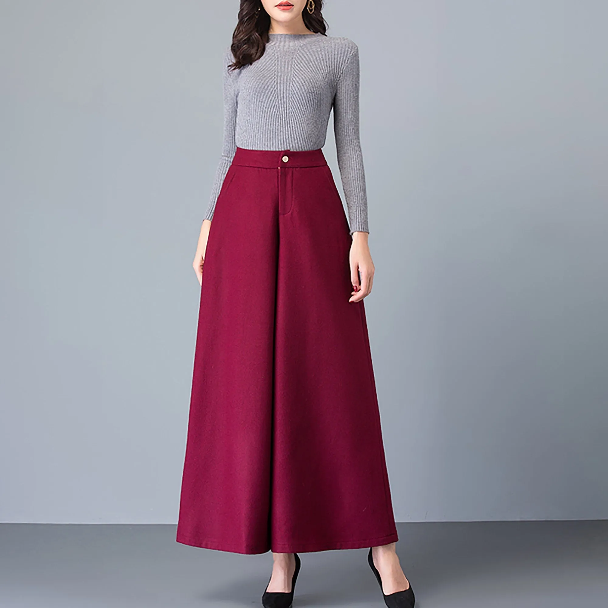 Custom Wool Blend High Rise Cropped Wide Leg Pants