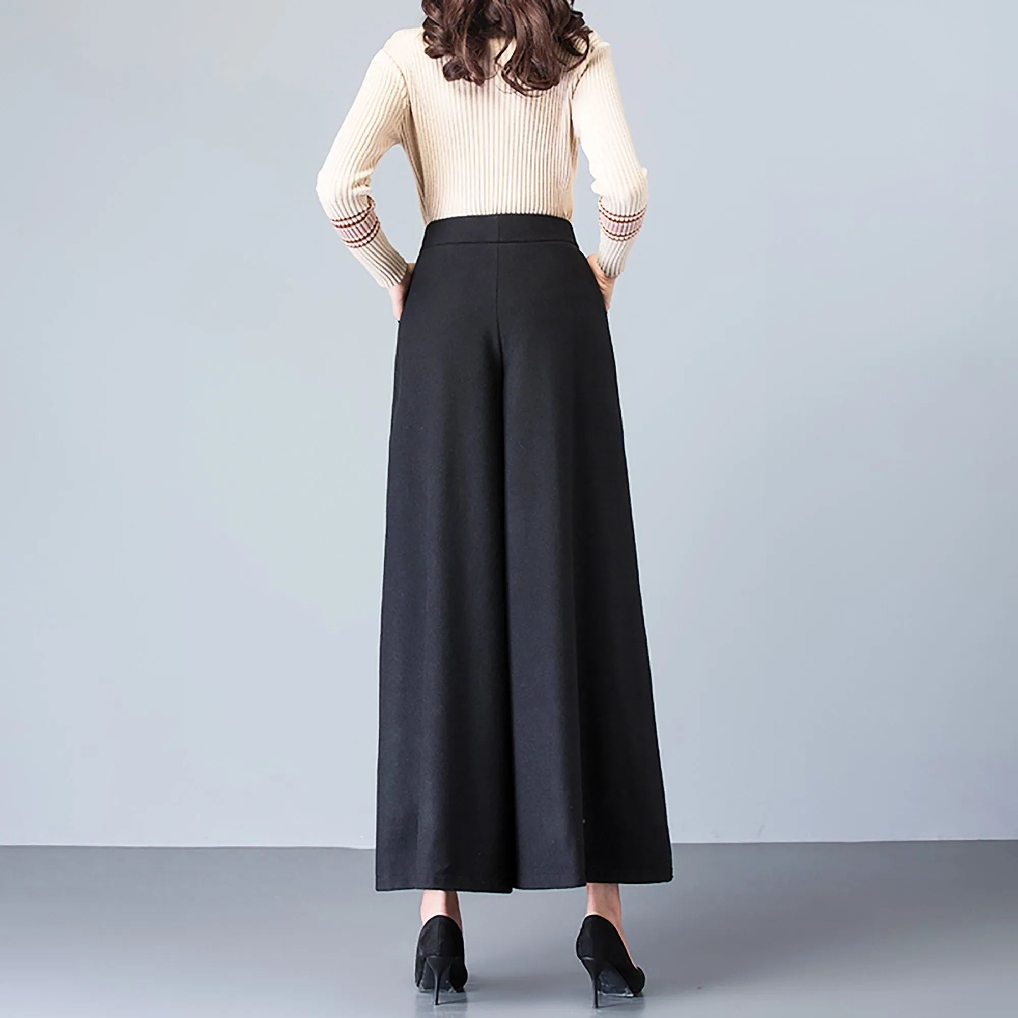 Custom Wool Blend High Rise Cropped Wide Leg Pants