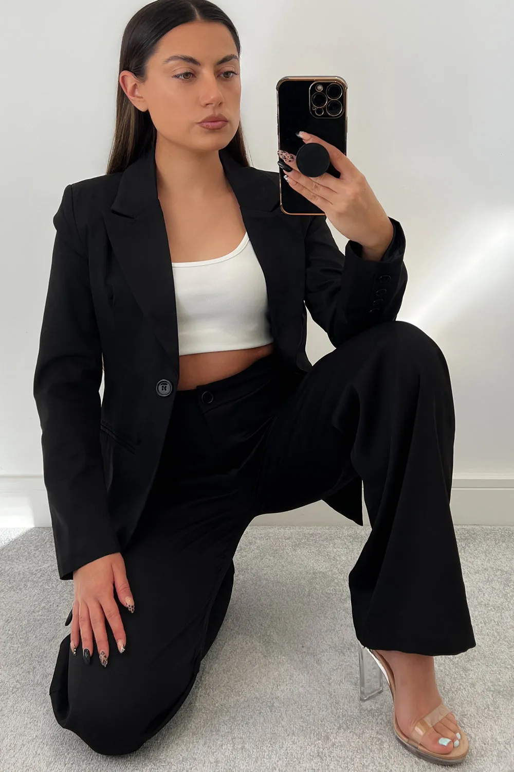 Cyndi Black High Waisted Wide Leg Tailored Trousers