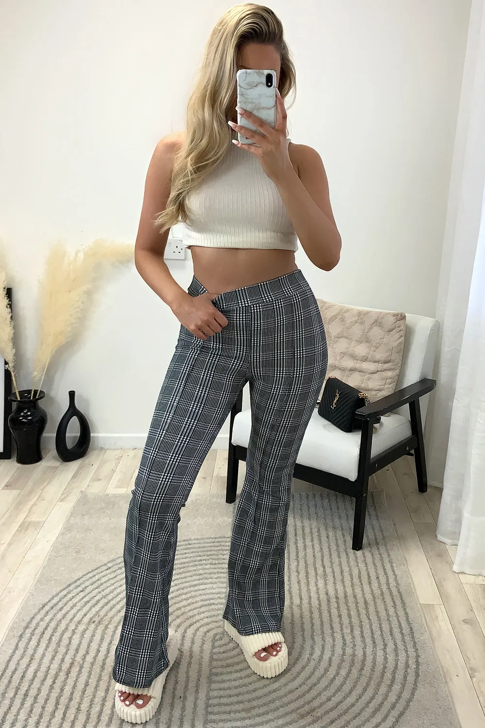 Daisie Black and White Houndstooth Print Flare Trousers