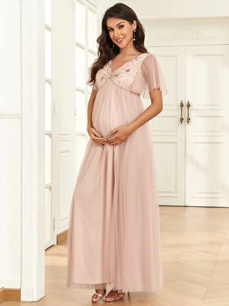 Deep V Neck See Through Ruffles Sleeves Maternity Dresses