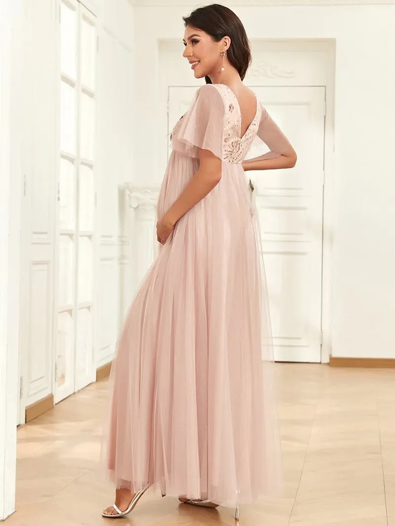 Deep V Neck See Through Ruffles Sleeves Maternity Dresses