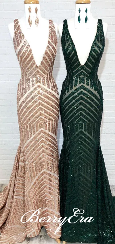 Deep V-neck Sequin Mermaid Prom Dresses, Popular Prom Dresses, Long Prom Dresses