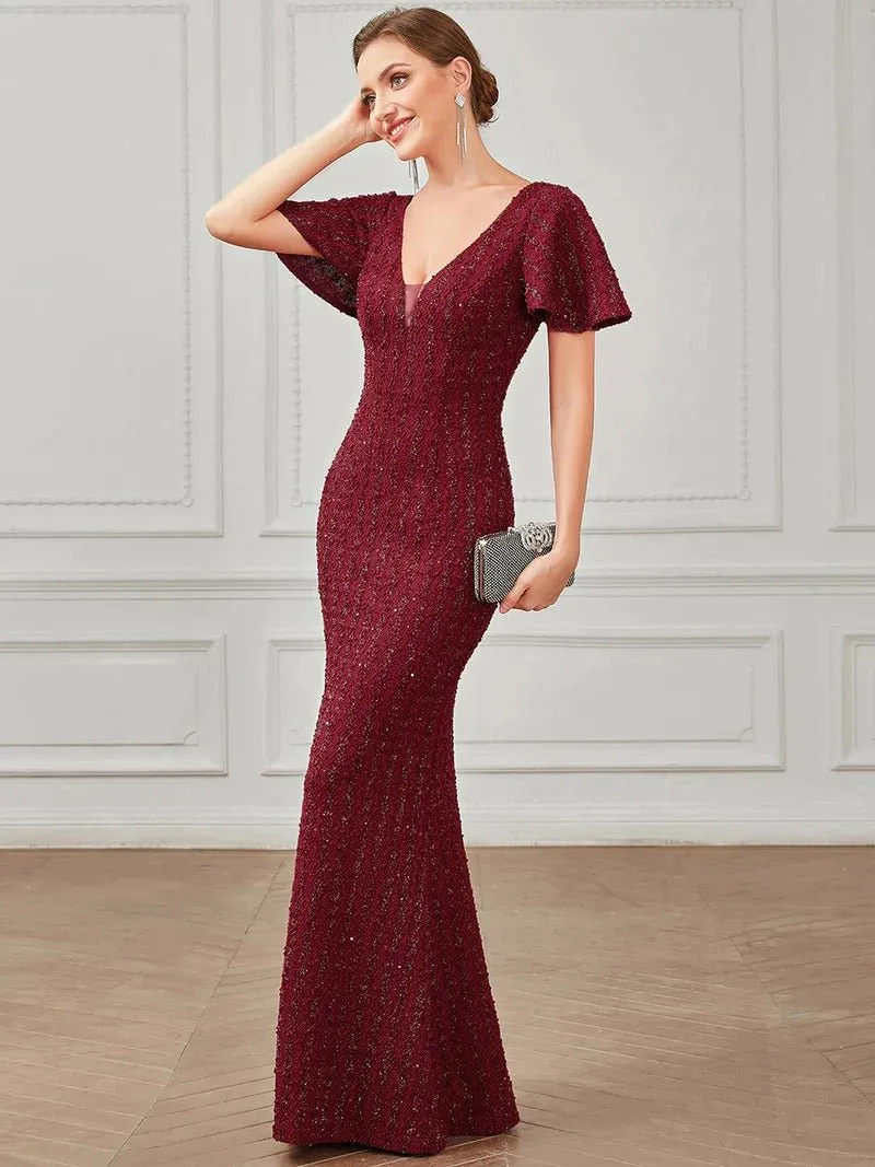 Deep V Neck Short Sleeves Evening Dresses with Fishtail