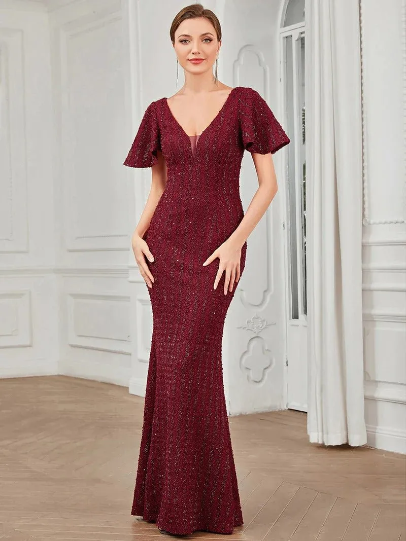 Deep V Neck Short Sleeves Evening Dresses with Fishtail