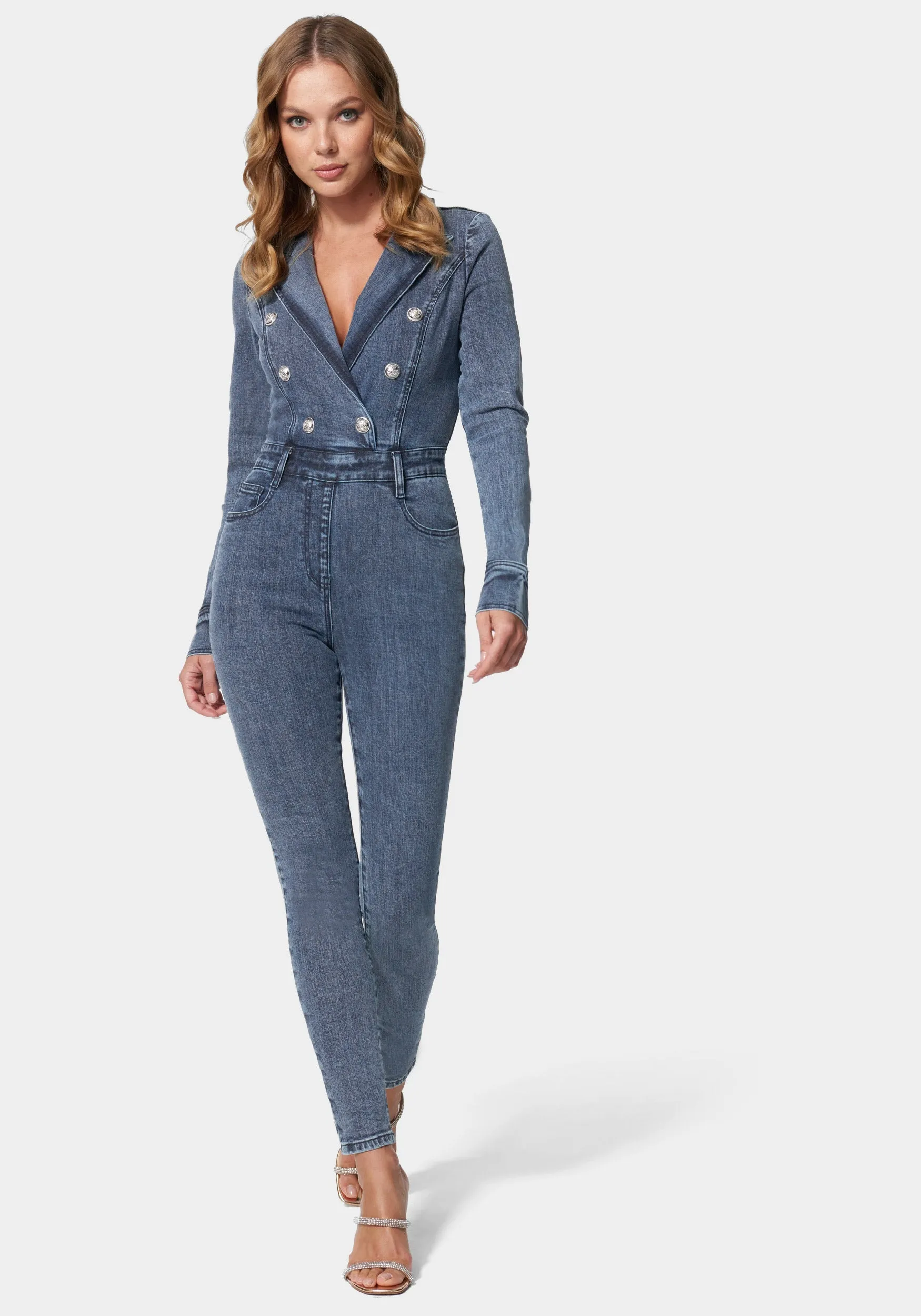 Double Breasted Skinny Leg Denim Jumpsuit