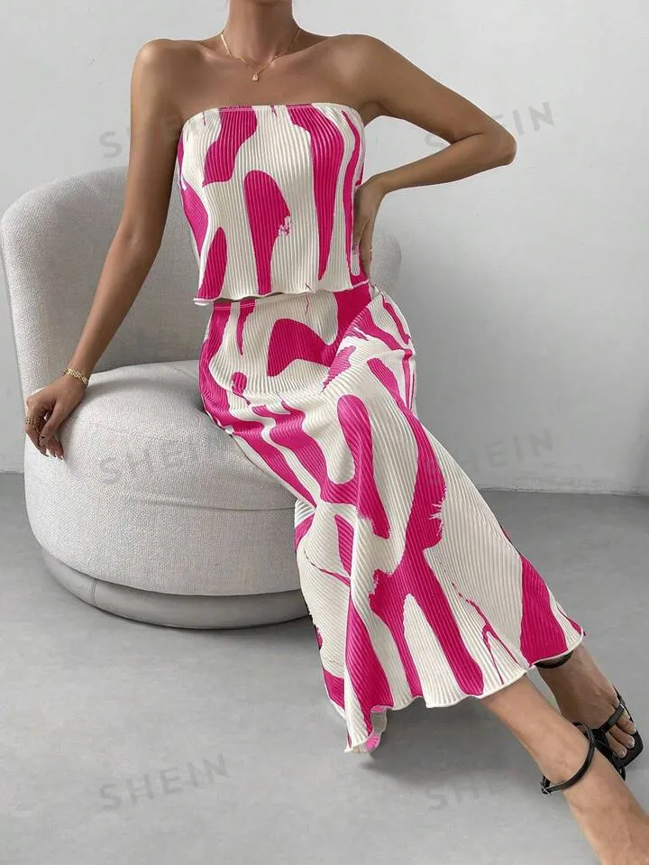 Graphic print tube tope & skirt in pink