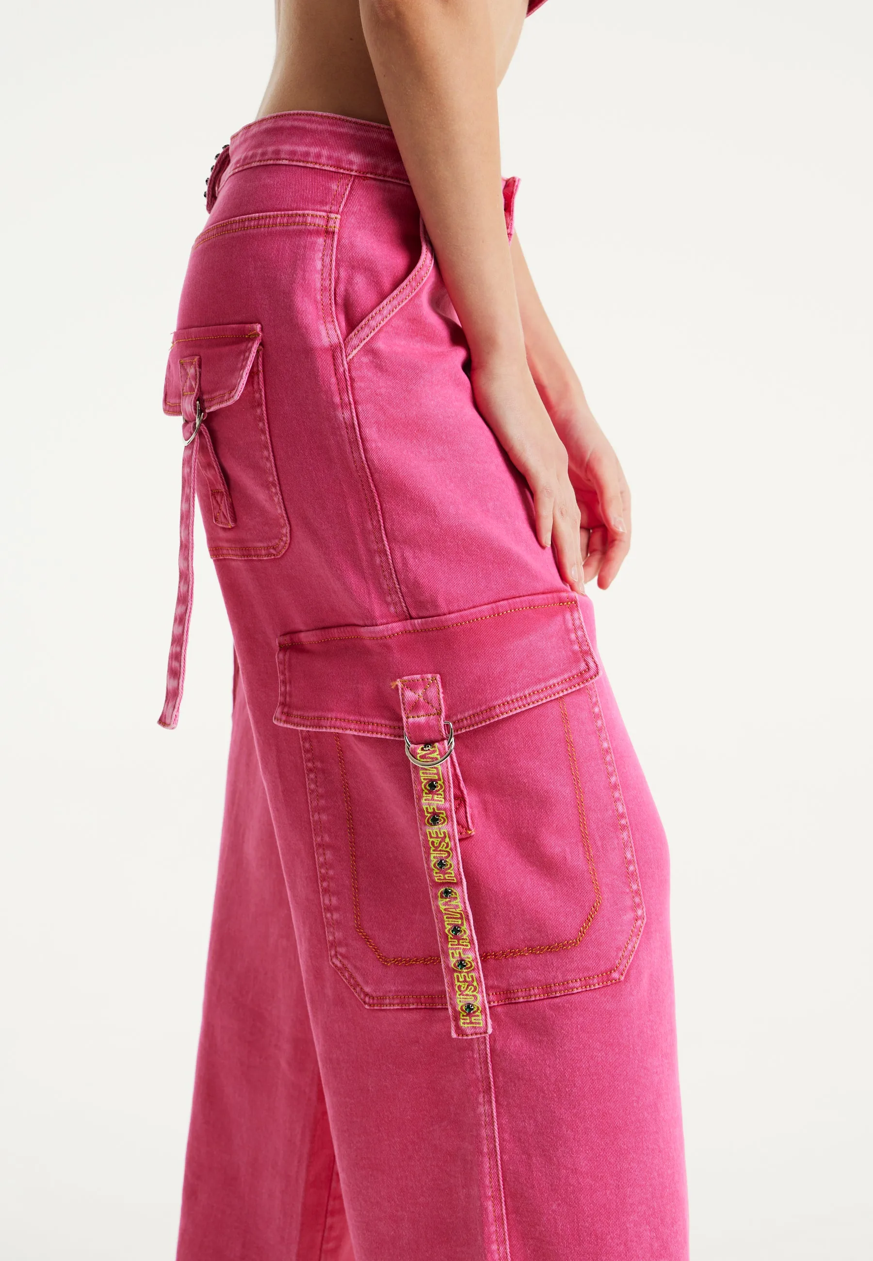 House of Holland Hot Pink Denim Wide Leg Cargo Trousers