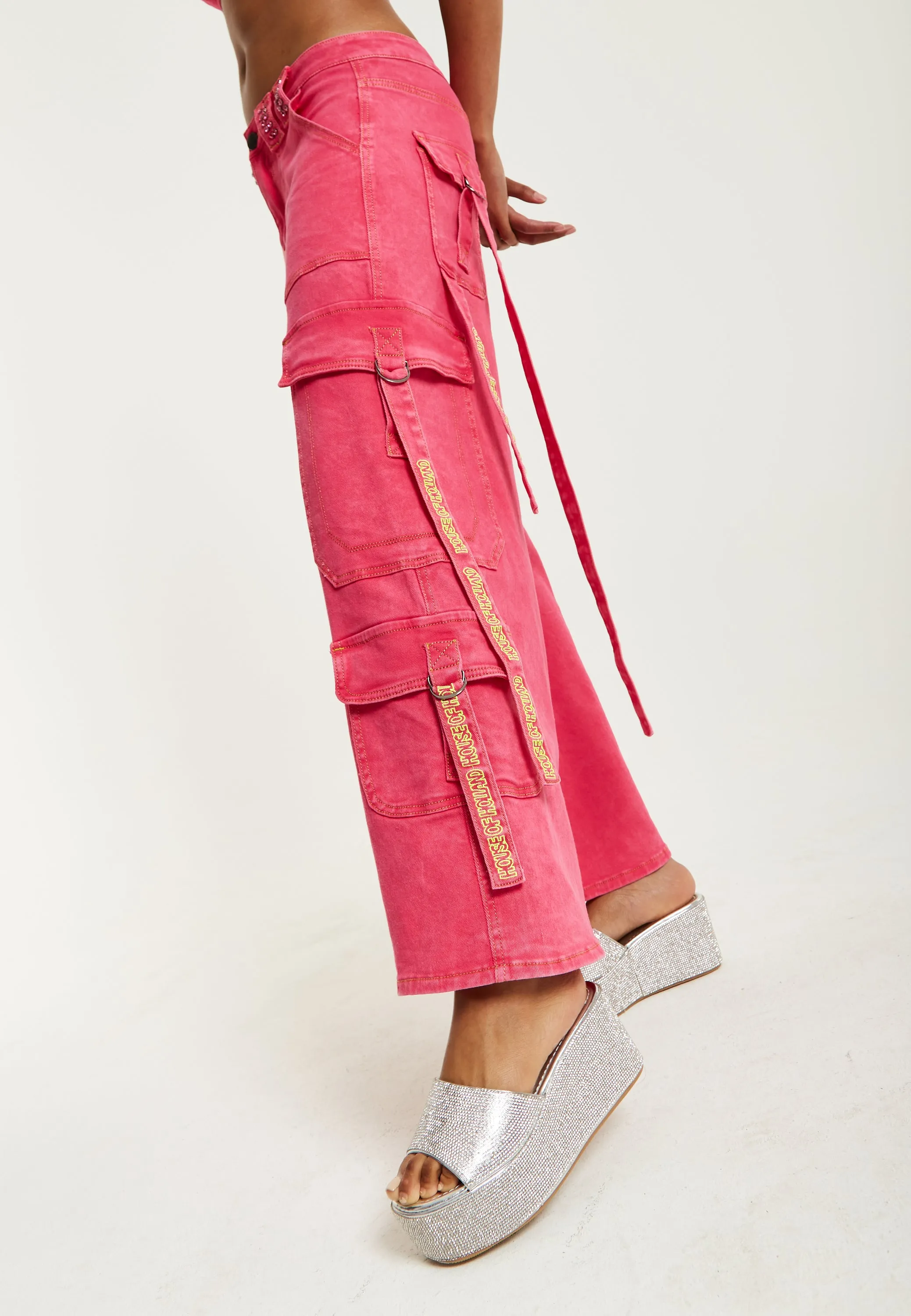 House of Holland Hot Pink Denim Wide Leg Cargo Trousers