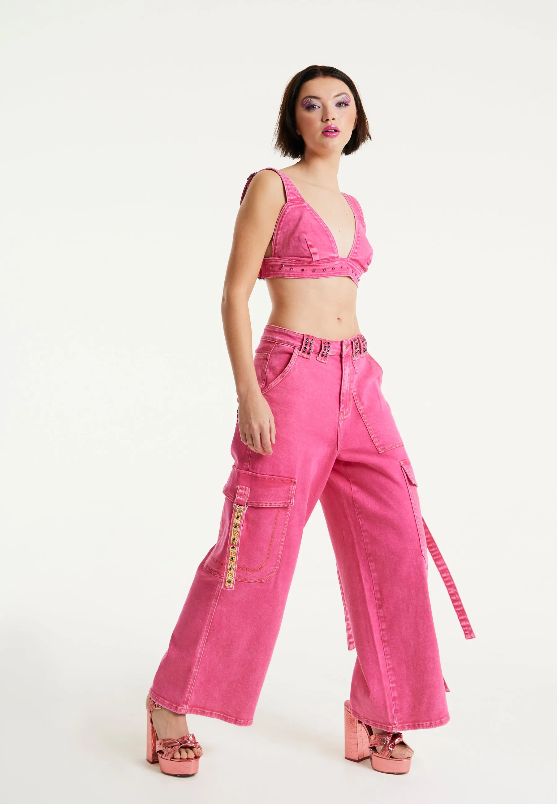 House of Holland Hot Pink Denim Wide Leg Cargo Trousers